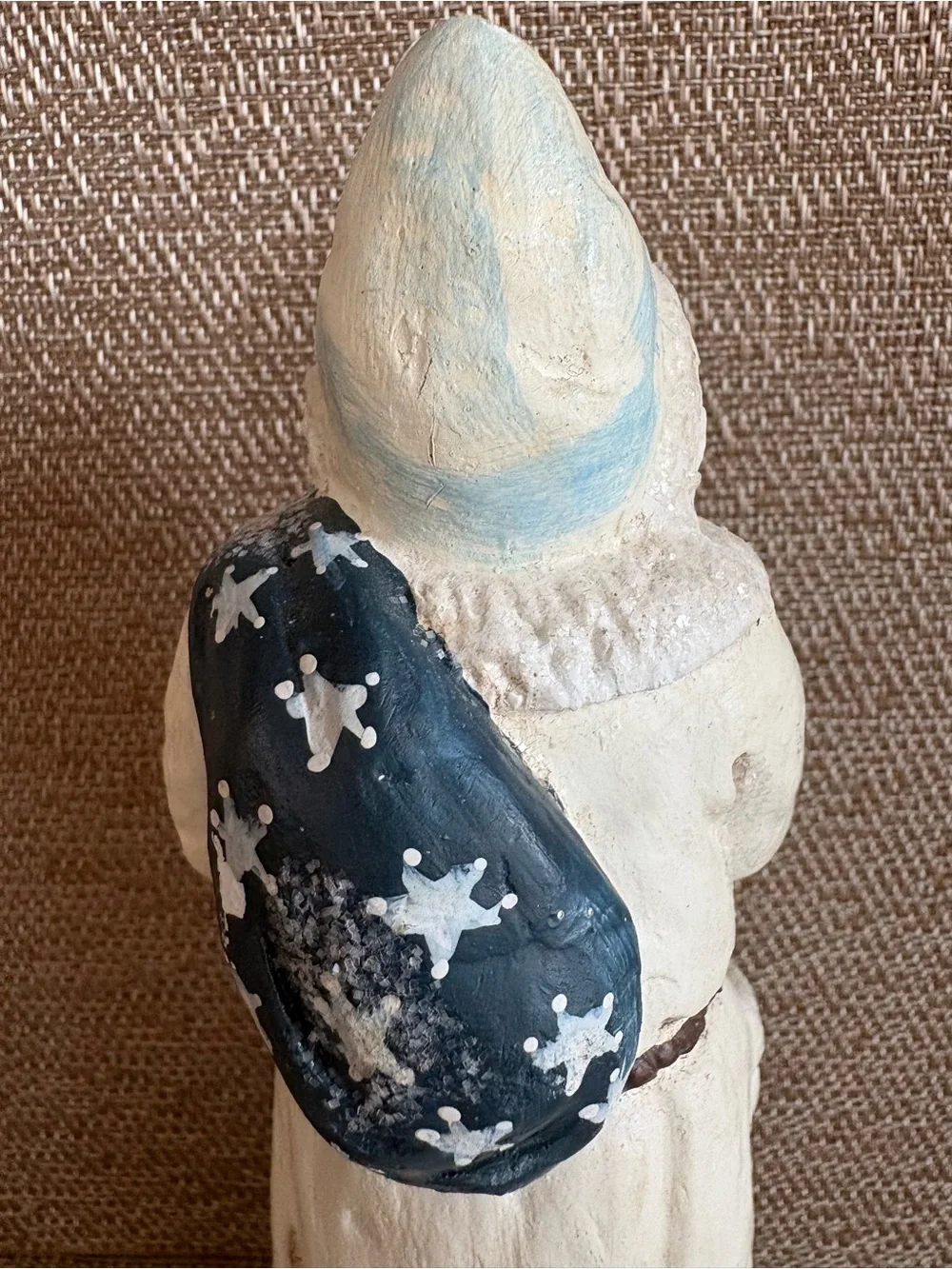 RAZ Imports White Father Christmas Santa Claus Figurine Blue Sack  Folk Art 7.5”